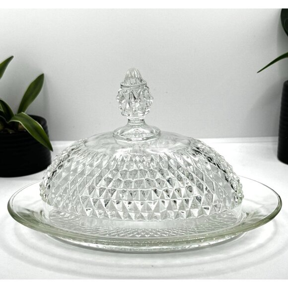 Vintage Indiana Glass Oval Diamond Point Clear Covered Butter Dish - Picture 4 of 8